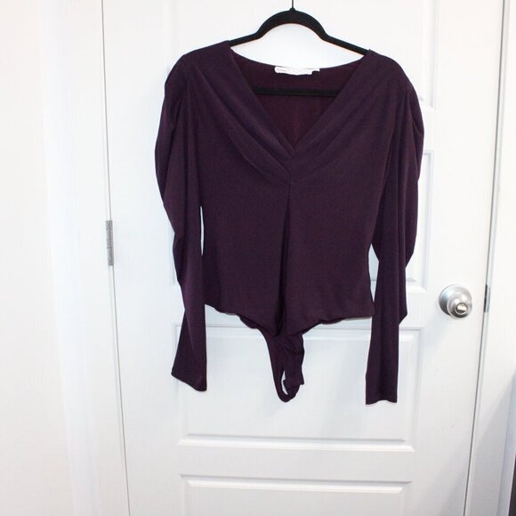 ASTR The Label Women's Purple Puff Long Sleeve Bodysuit XL V neck - Picture 2 of 4